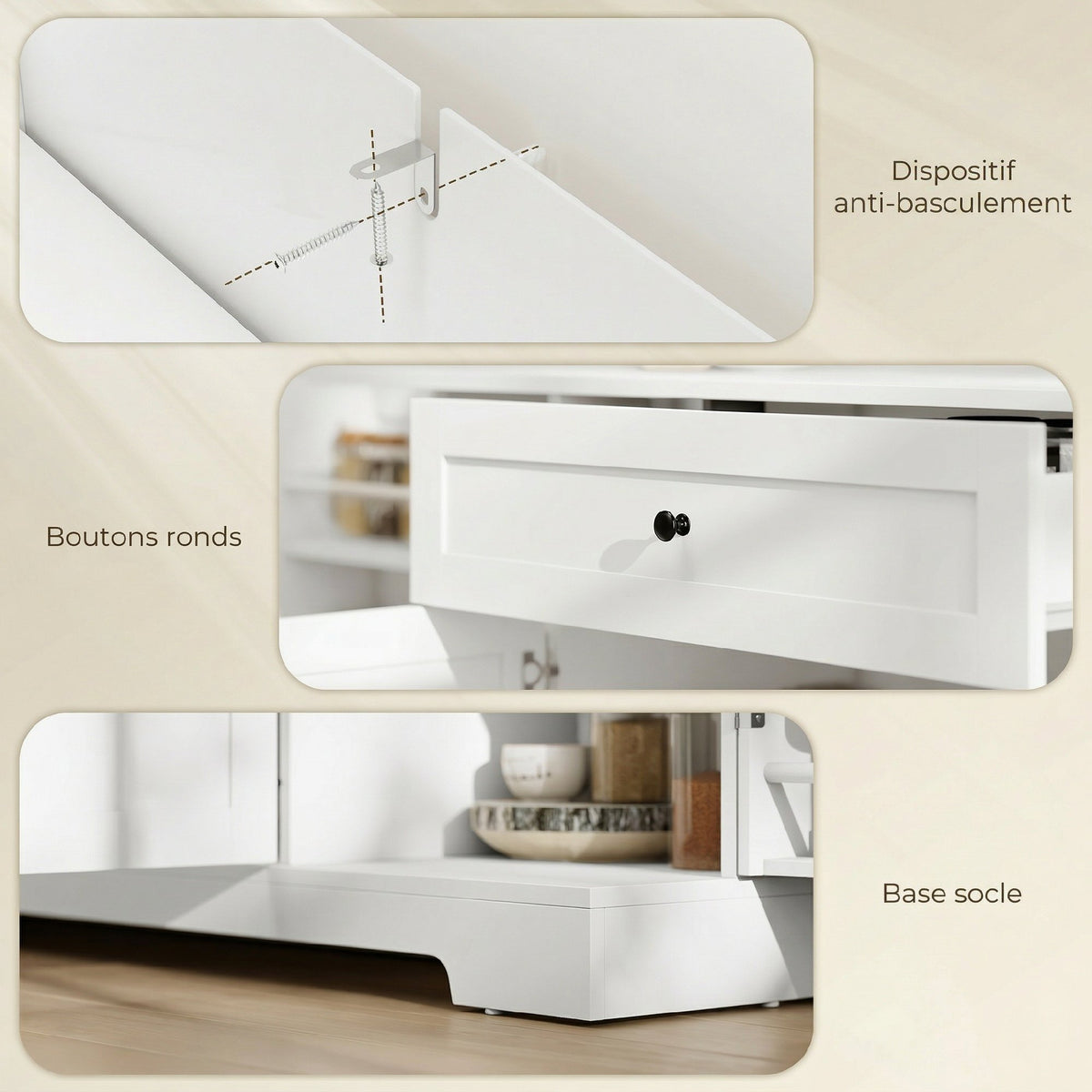 Buffet cuisine, meuble de rangement avec tiroir, 4 portes à fermeture douce, racks-porte et étagères réglables, blanc-7