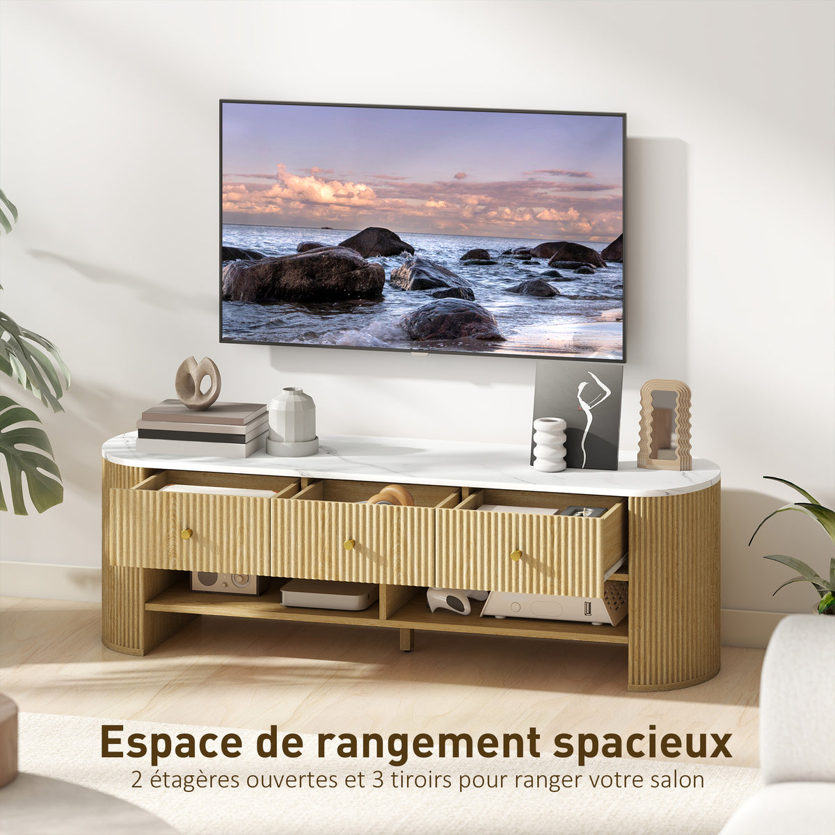 Meuble TV 140 cm, meuble télé pour téléviseur 65 pouces effet marbre 3 tiroirs façades à cannelures effet bois naturel-4