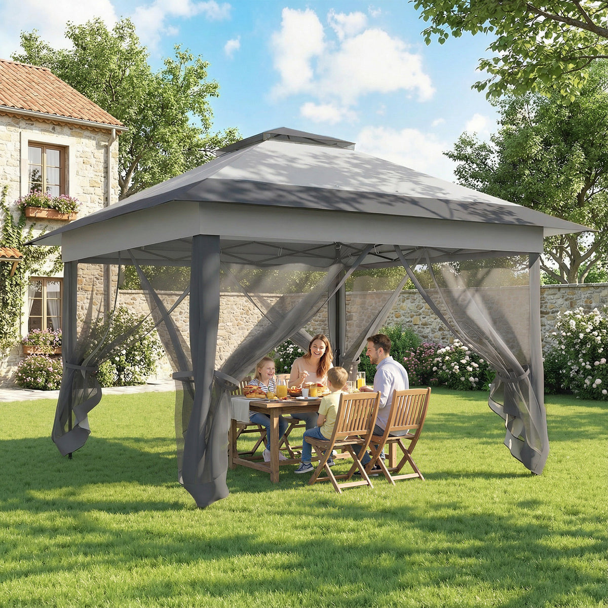 Tonnelle barnum de jardin pop-up pliant acier polyester moustiquaires + sac de transport à roulettes gris-8