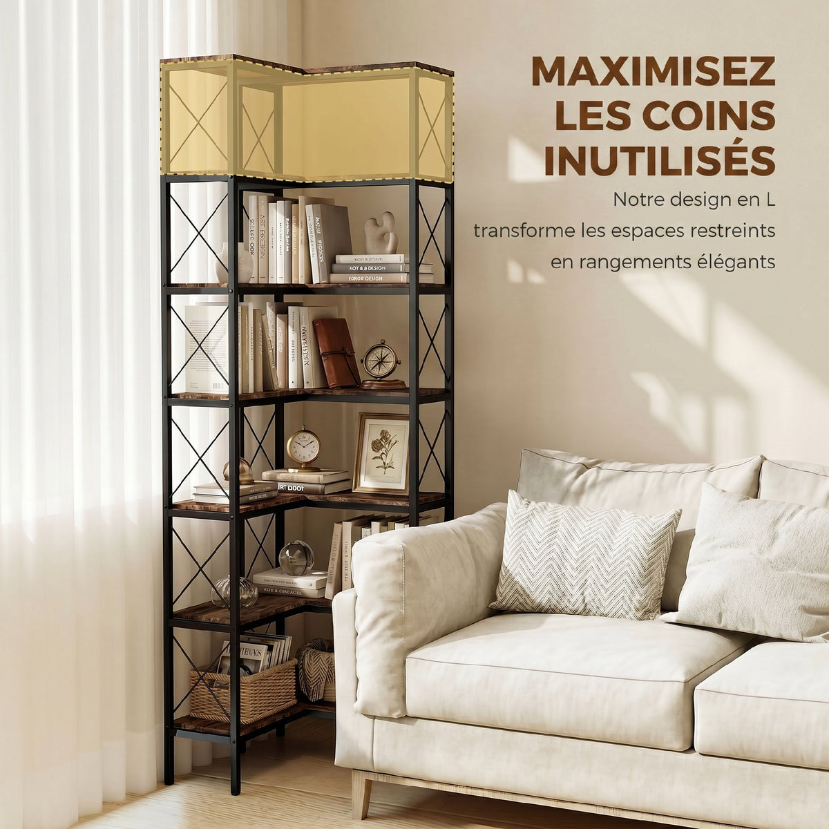 Bibliothèque d'angle à 6 niveaux, meuble de rangement en métal pour salon, chambre, bureau, 60x60x200cm, brun rustique-3