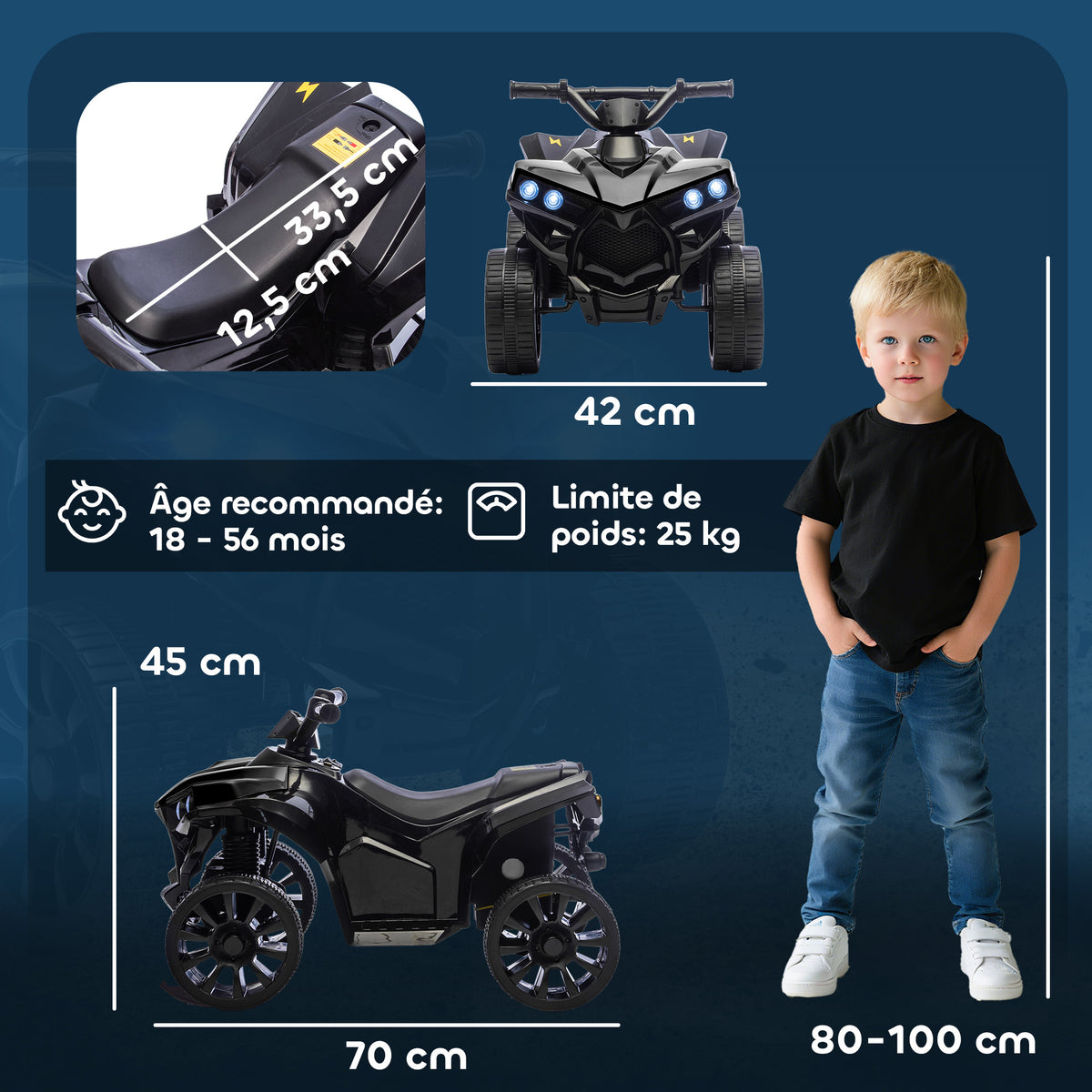 Quad Électrique Enfant 6V, Voiture Électrique Enfants ATV, Musique et Phares LED, 18-56 Mois, 70x42x45cm, Noir-2