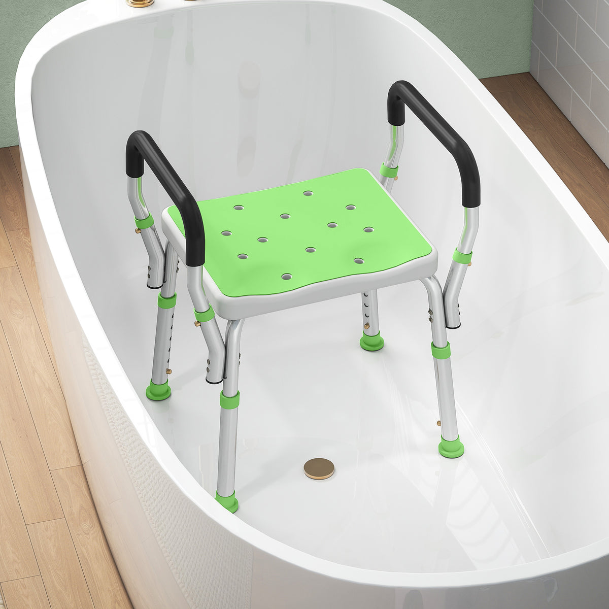 Tabouret de douche pour personnes âgées et handicapées avec accoudoirs, hauteur réglable, patins antidérapants, vert-9