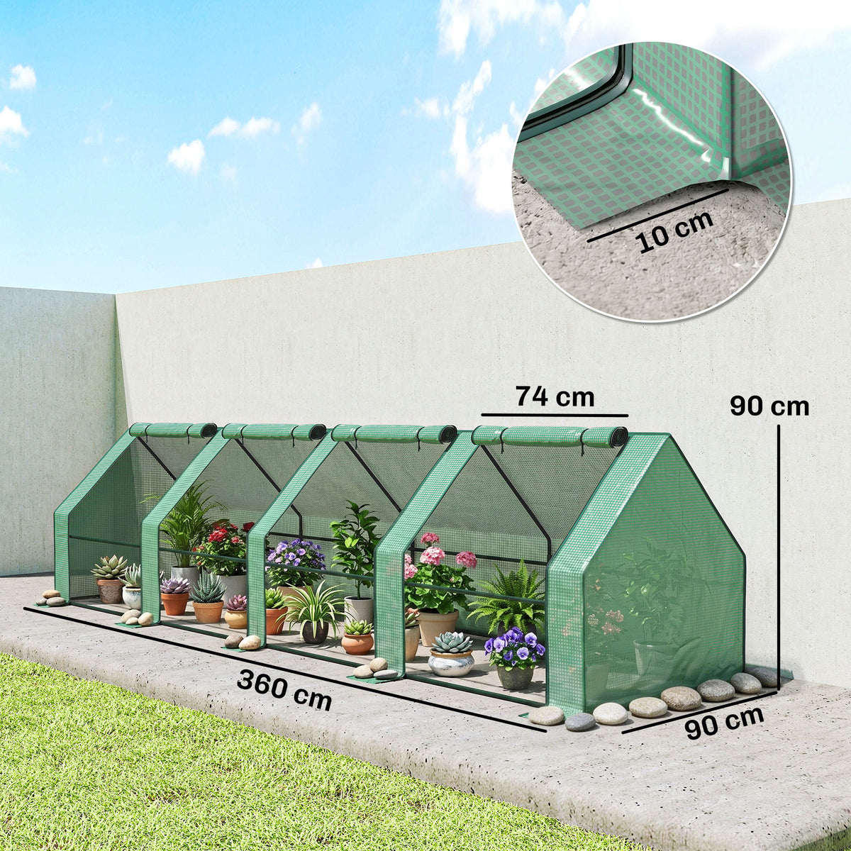 Mini Serre de Jardin mini serre tunnel 4 fenêtres avec Zip enroulables Acier PE 140 g/m² Anti-UV 360x90x90cm Vert-2