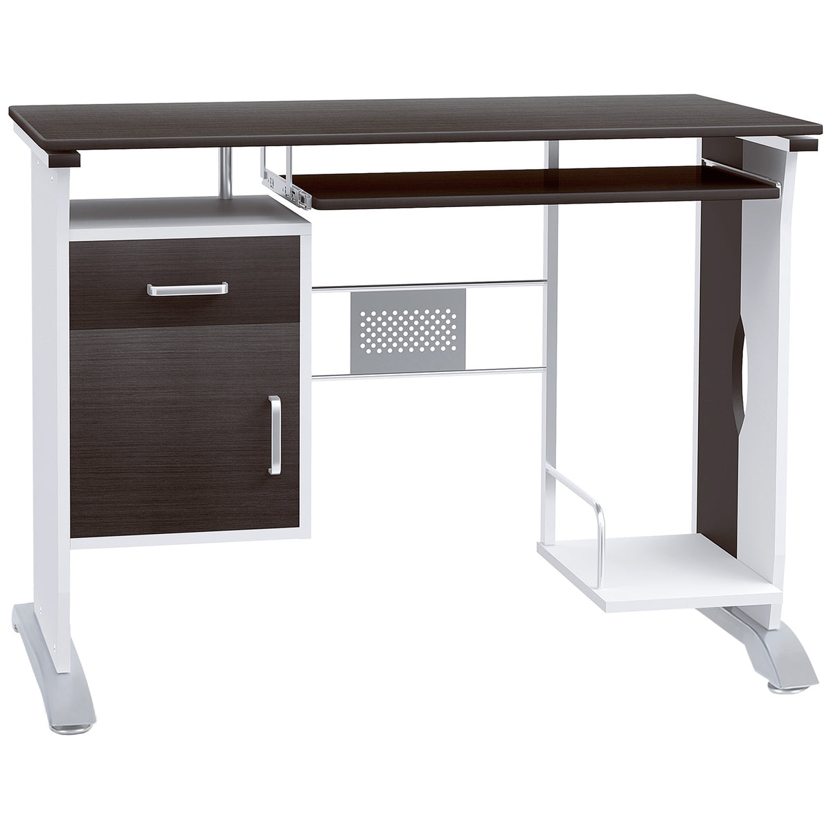 Bureau d'ordinateur, 100 x 52 x 75 cm, bureau avec tablette coulissante pour clavier, tiroirs et support d'unité centrale, table informatique pour étudier noyer foncé et blanc-0