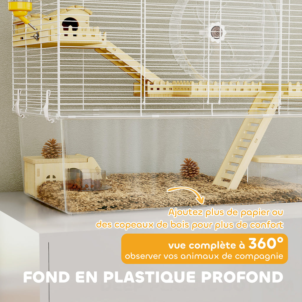 Cage à hamster à 3 niveaux, cage rongeur avec roue d'exercice, plateau profond transparent, 59 x 35,5 x 47 cm, blanc-3
