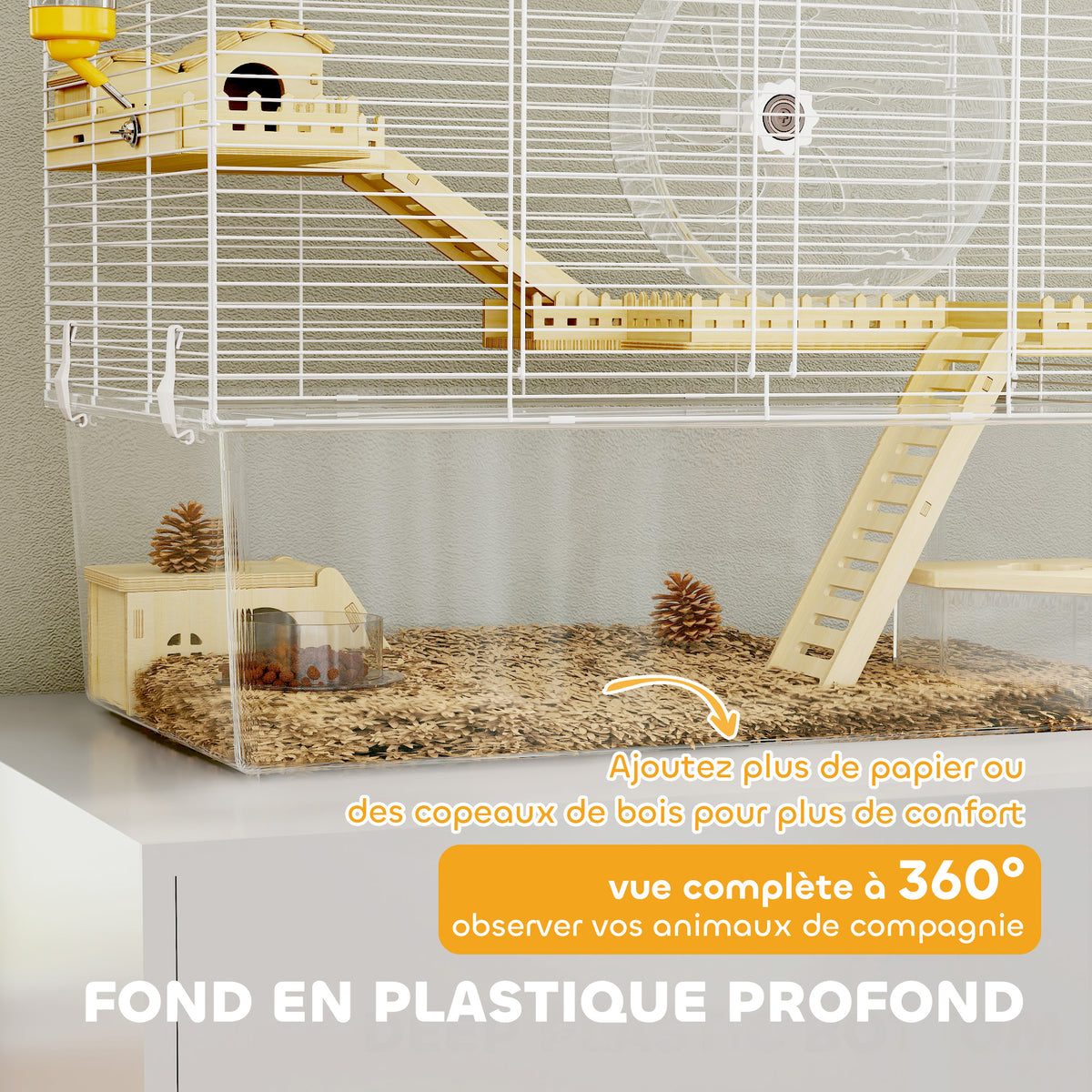 Cage à hamster à 3 niveaux, cage rongeur avec roue d'exercice, plateau profond transparent, 59 x 35,5 x 47 cm, blanc-3