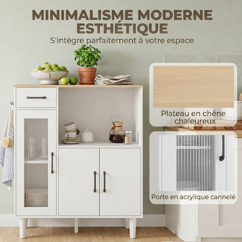 Buffet cuisine, meuble de rangement avec tiroir, 3 portes dont 1 en acrylique cannelée, étagère ouverte, blanc et chêne-3