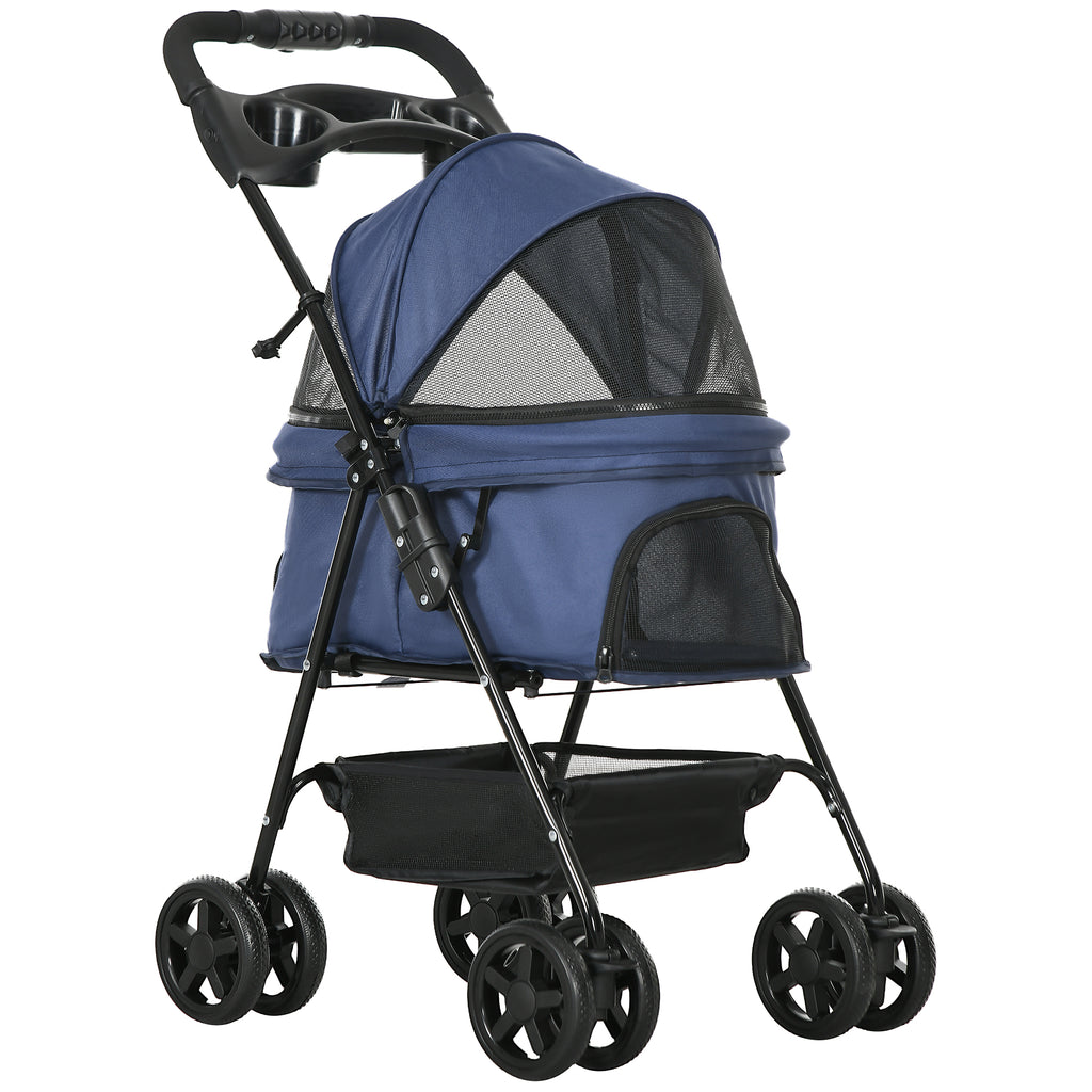 Poussette buggy pliable chien chat panier rangement porte-gobelets tissu 300D Oxford imperméable 4 roues bleu foncé-0