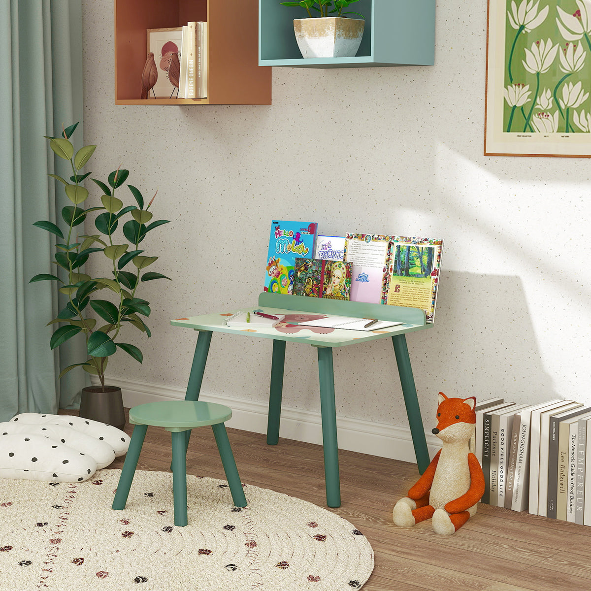 Ensemble table et chaise enfant table pour enfant avec chaise avec porte-livres motifs d'ours pour enfants 3-8 ans vert-9
