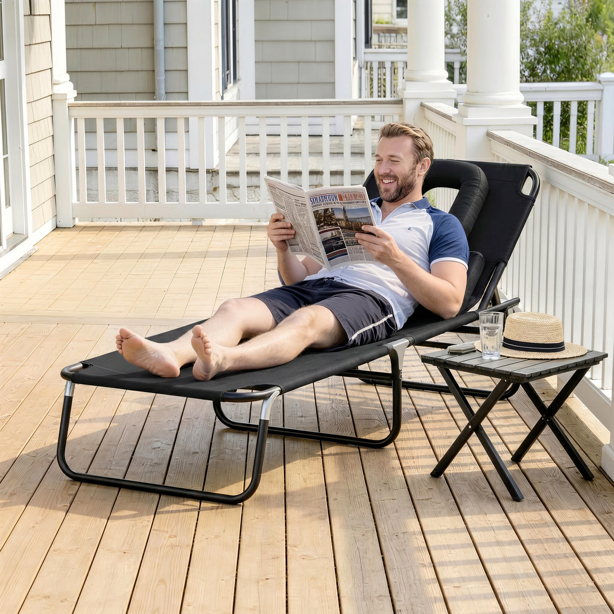 Transat de Jardin Chaise Longue Pliante Bain de Soleil pour Lecture Noir-8