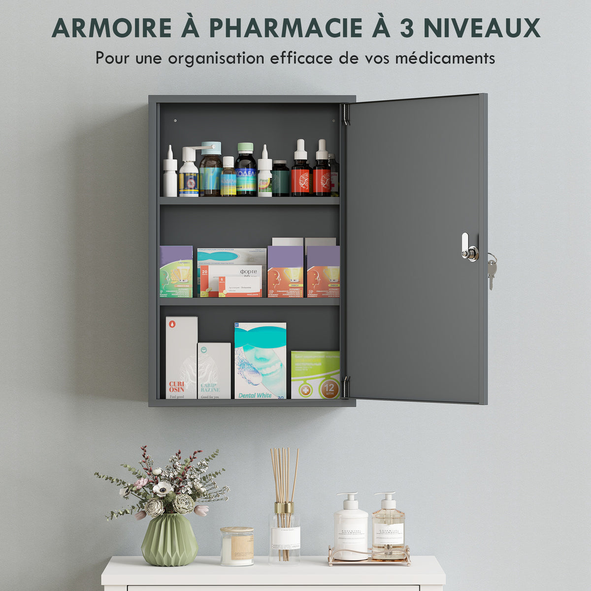 Armoire à Pharmacie 2 Étagères 3 Niveaux Verrouillable, Dim. 40L x 18l x 60H cm, 2 Clés, Métal, Gris Fumé-4