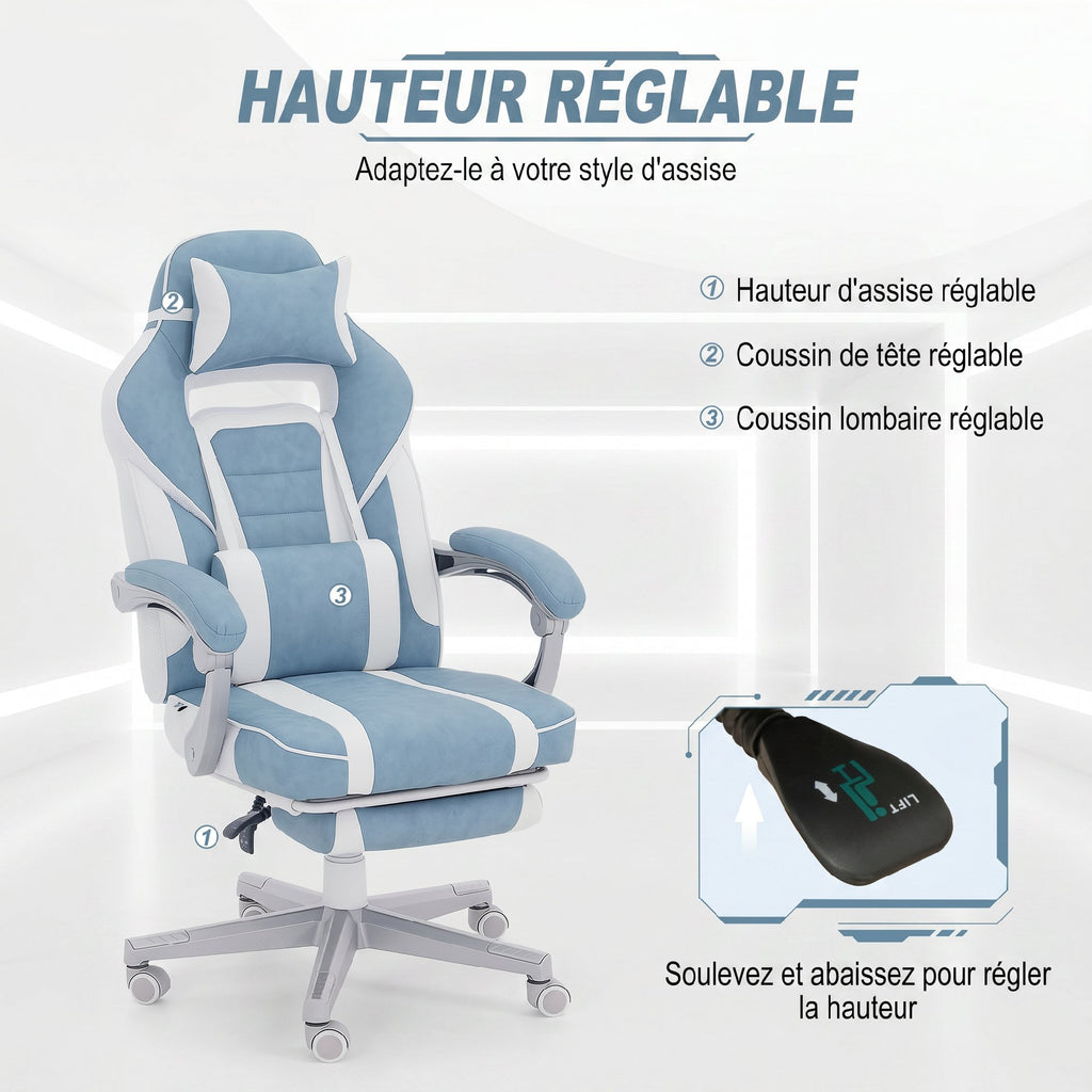 Chaise gaming, fauteuil gaming ergonomique avec repose-pieds, hauteur réglable, dossier inclinable, 63x63x123cm, bleu-3