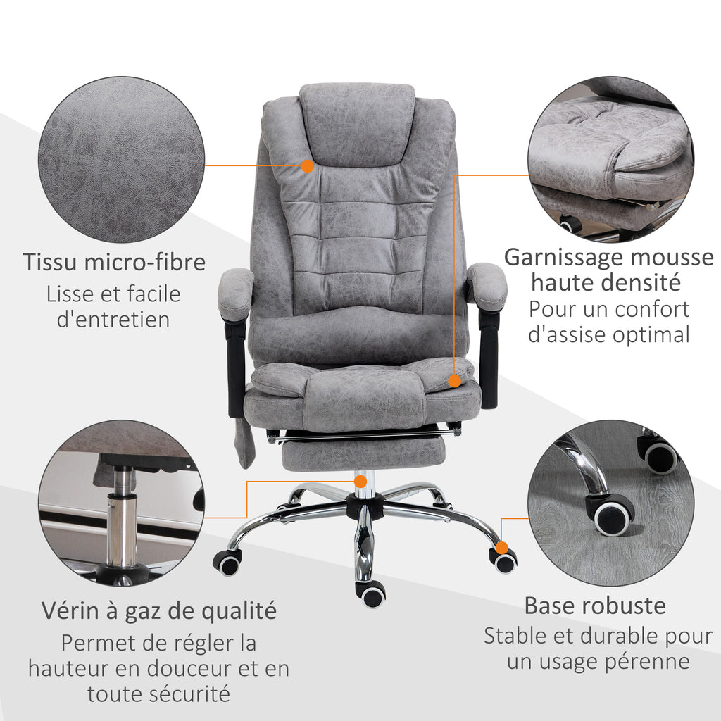 Fauteuil de bureau direction massant chauffant hauteur réglable dossier inclinable toile de microfibre gris-7