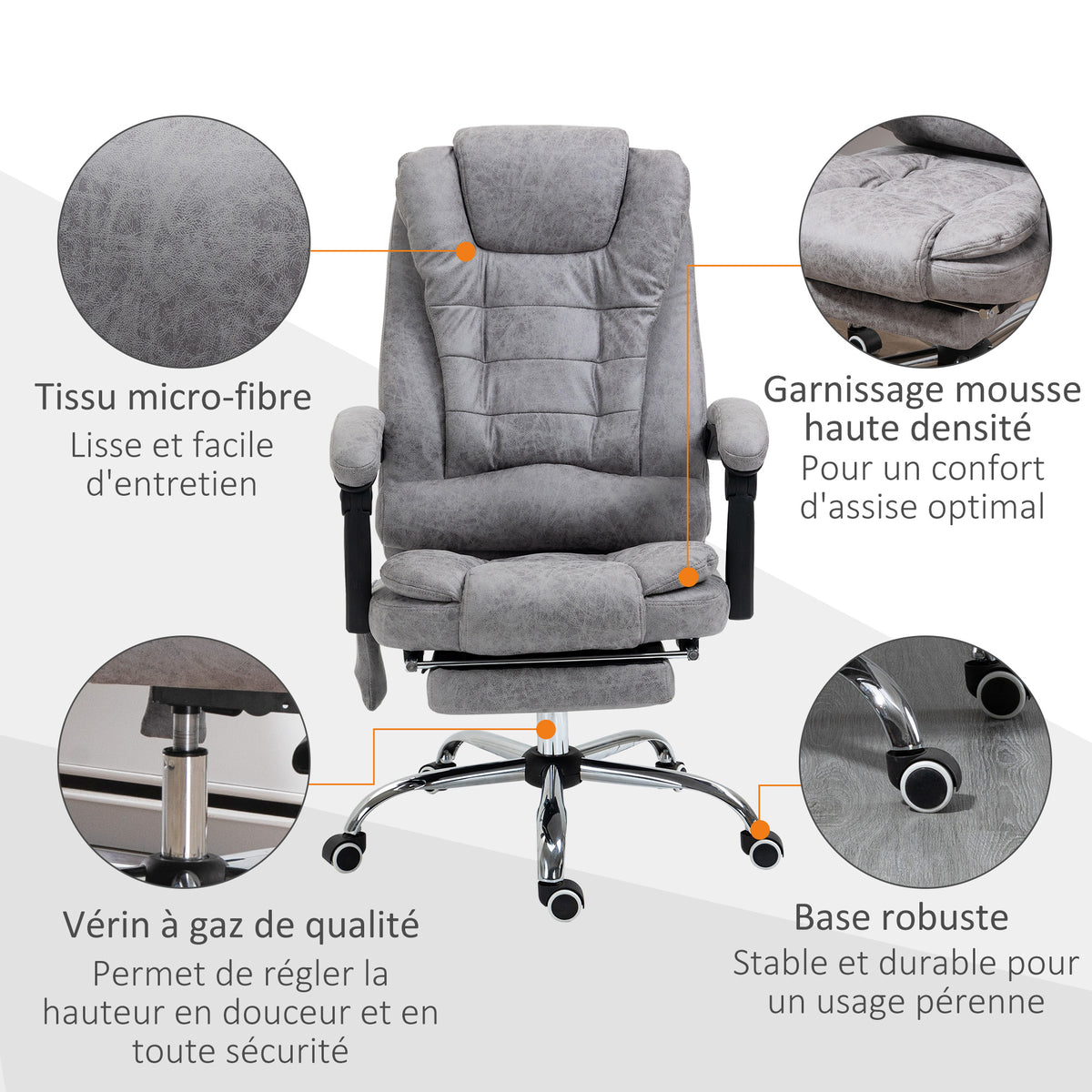 Fauteuil de bureau direction massant chauffant hauteur réglable dossier inclinable toile de microfibre gris-7