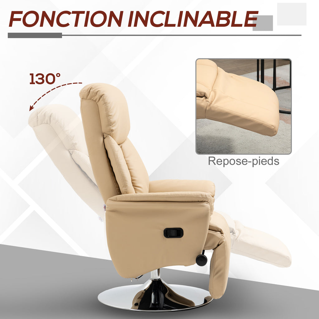 Fauteuil inclinable pivotant repose-pied réglable accoudoirs piètement acier chromé revêtement synthétique PU beige-3