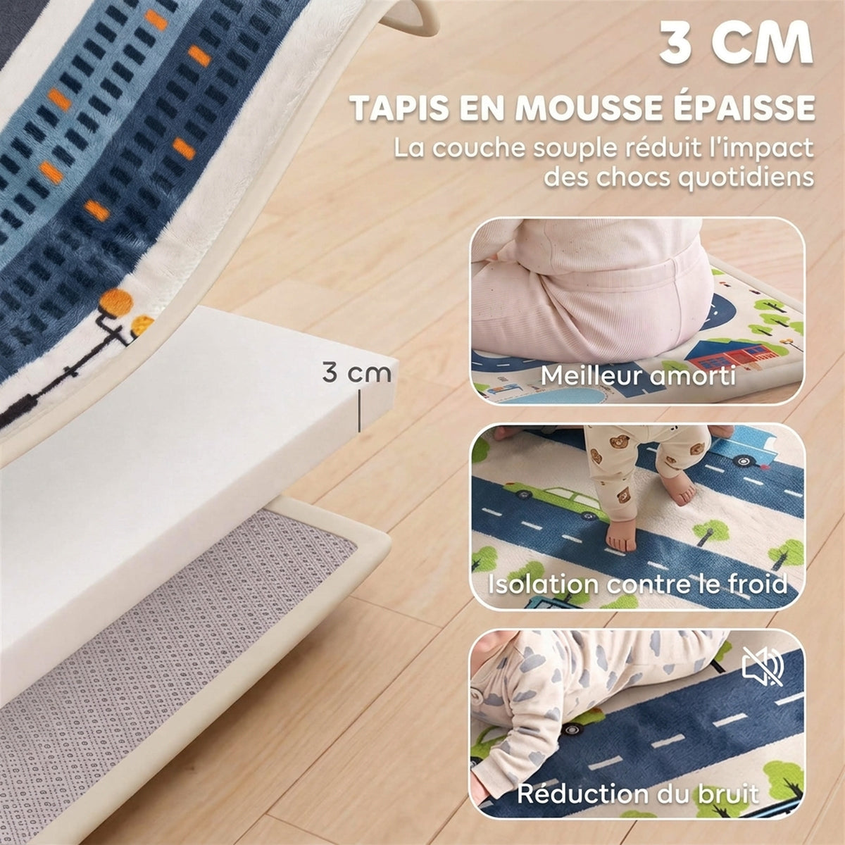Tapis de Jeu pour Enfants Tapis de Chambre d'Enfant en Mousse Épaisseur 3 cm Motif Route Base Antidérapante 150x200cm-3