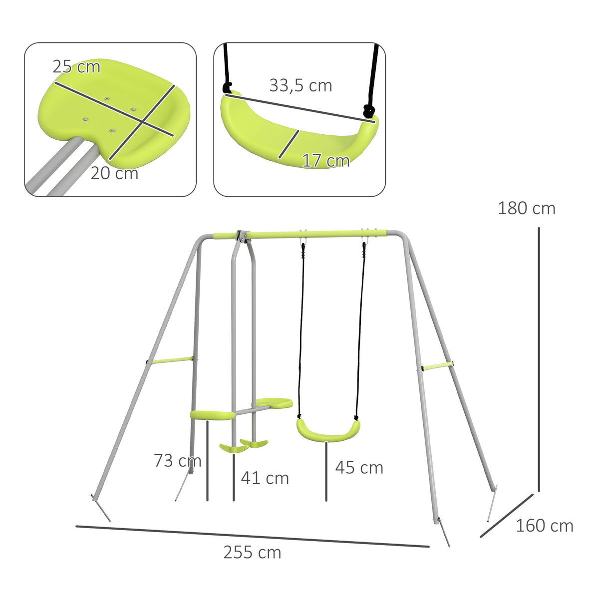 Balançoire 2 agrès portique avec 1 balançoire et face à face 255 x 160 x 180 cm charge max. 135 kg vert gris-2