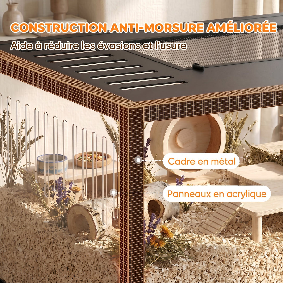 Cage Hamster Habitat Rongeur Vue Panoramique 360° Structure Robuste en Métal Espace Étanche Profond 100x50x52,5 cm Noir-4