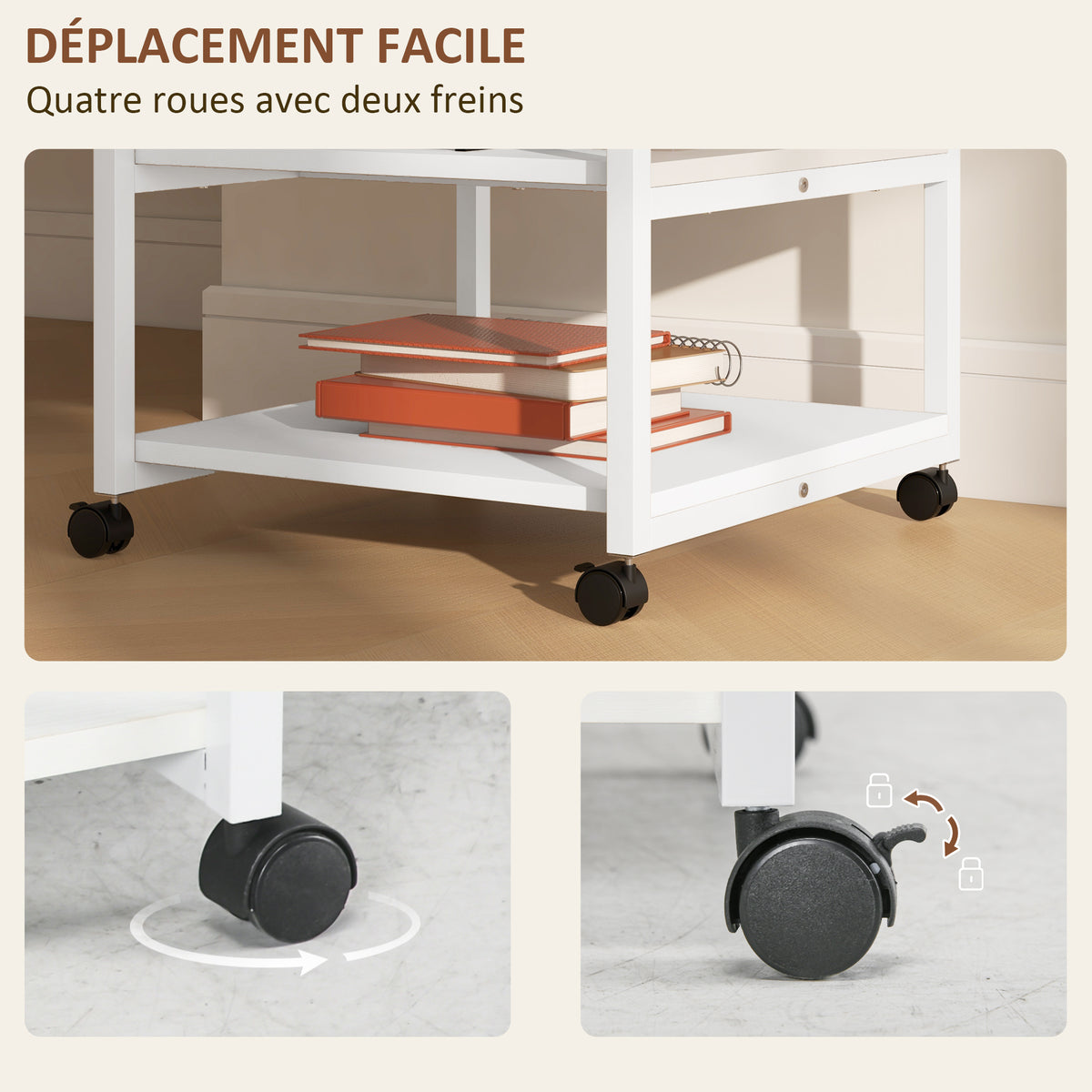 Support d'imprimante desserte de rangement 3 niveaux étagères mobile sur roulettes 50L x 50l x 52,5H cm-4