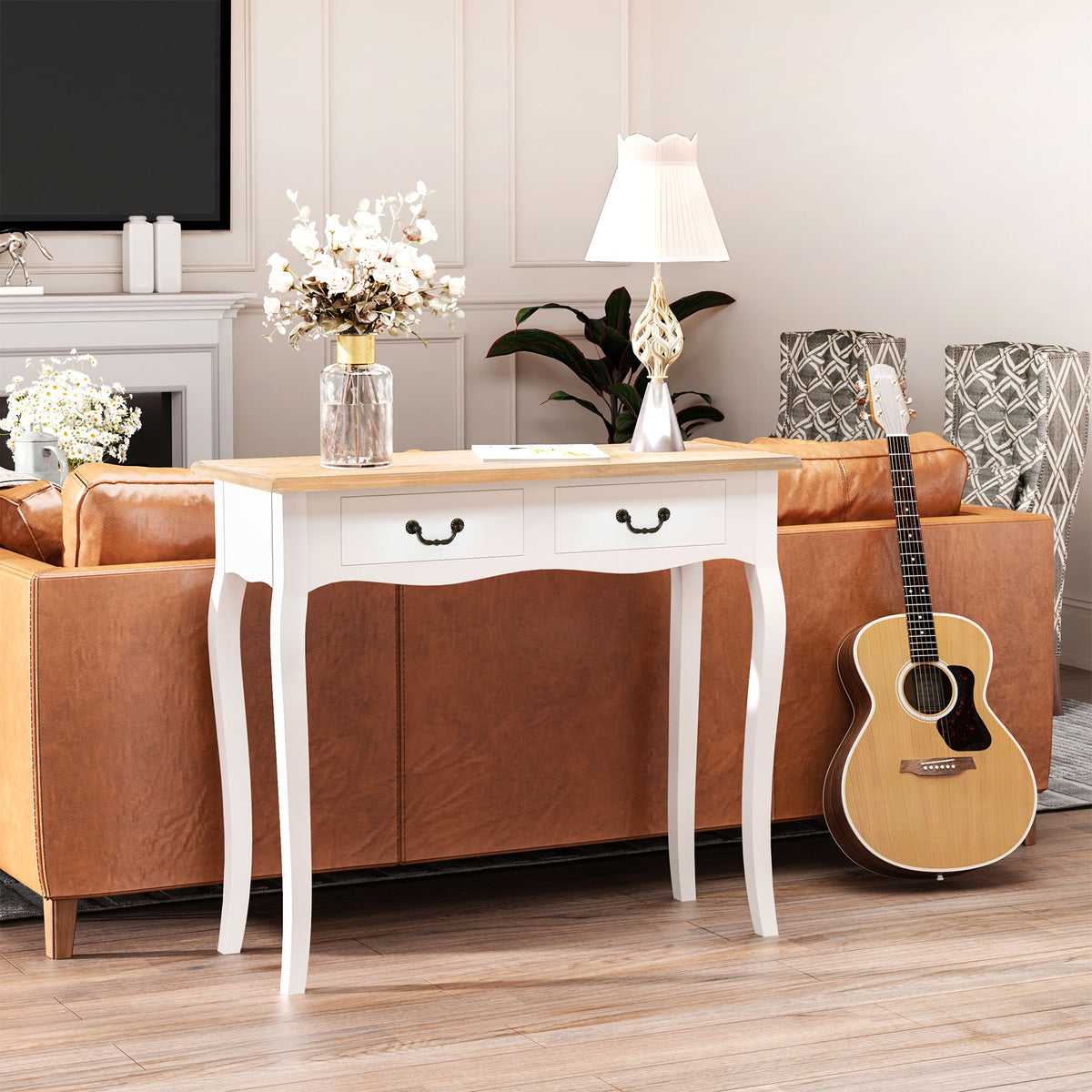 Table Console Table d'entrée Bout de Canapé Style Mexicain 2 tiroirs dim. 87L x 34l x 78H cm MDF Bois Massif pin Clair Blanc-8