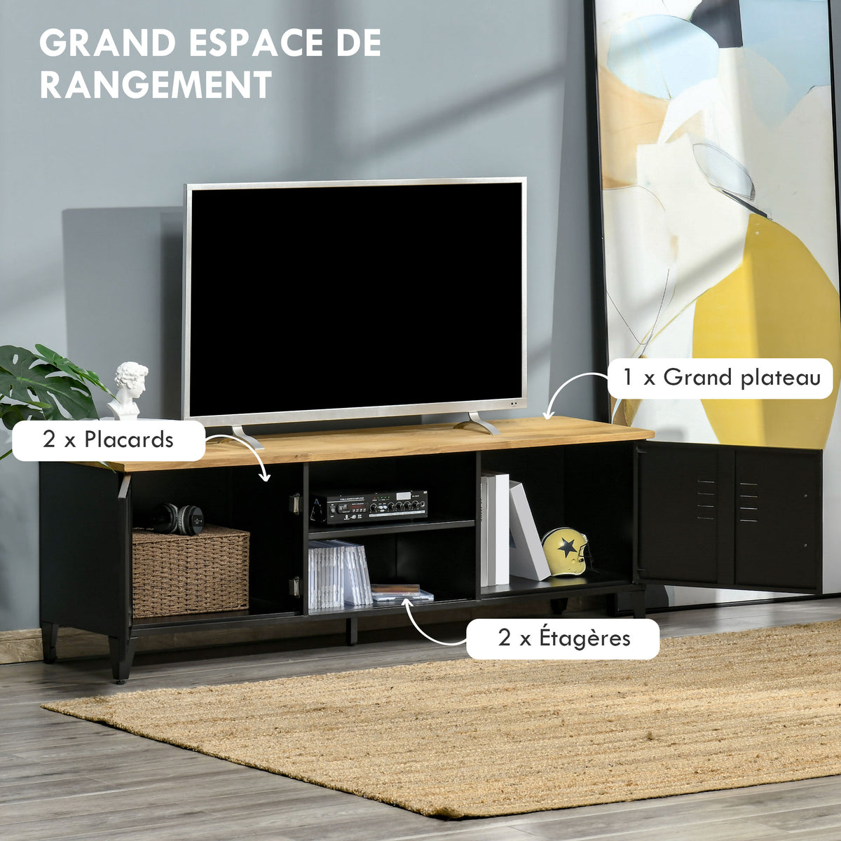 Meuble TV Banc TV pour téléviseurs de 55'' avec 2 Placards Pieds Réglables Cadre métalique noir Plateau en Bois Naturel 150 x 40 x 50 cm-4