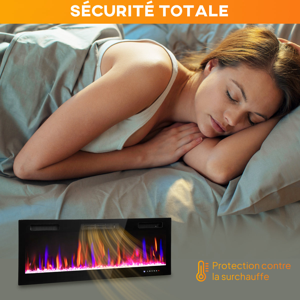 Cheminée électrique mural ou encastrable 900W/1800W, effet flamme à 12 couleurs 5 luminosités, 127 x 9,4 x 47 cm, noir-7
