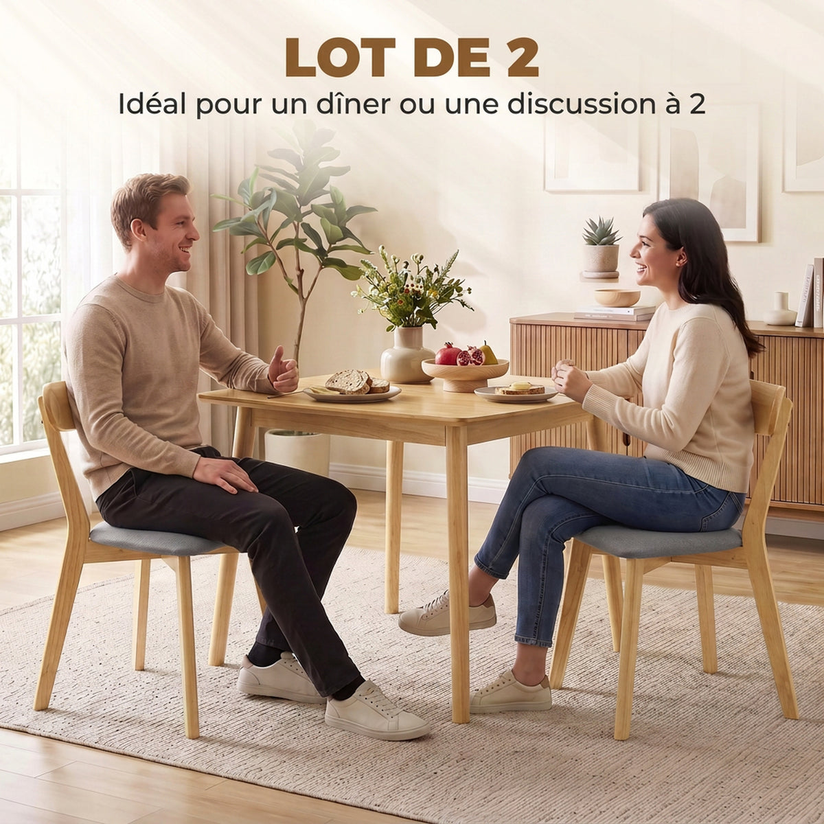 Lot de 2 Chaises de Salle à Manger, Chaises Cuisine, Assise Rembourrées en Lin, Dossier Incurvé, Gris et Bois Naturel-3