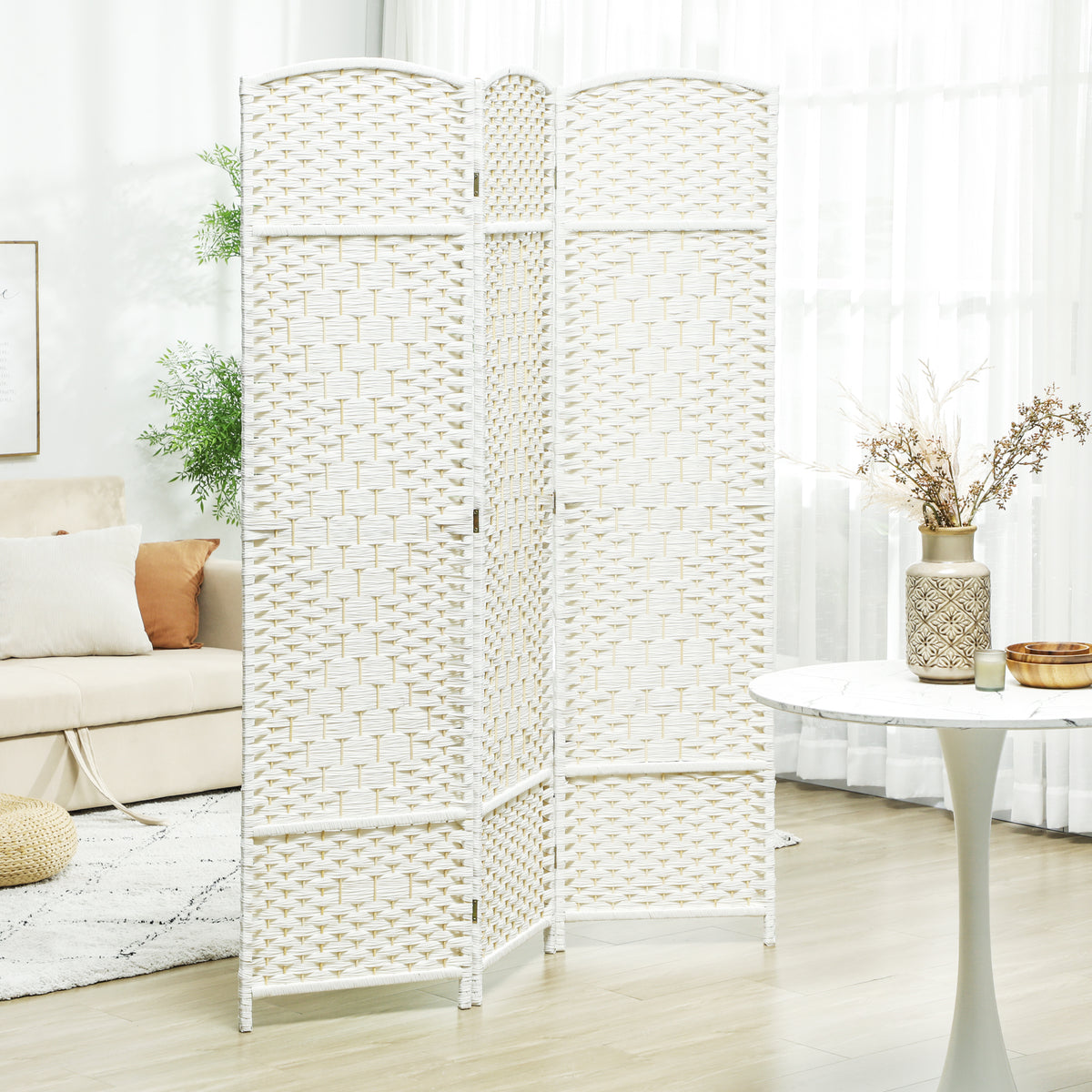 Paravent intérieur en bois 3 panneaux séparateur de pièce pliable pour salon chambre 135 x 180 cm blanc-1
