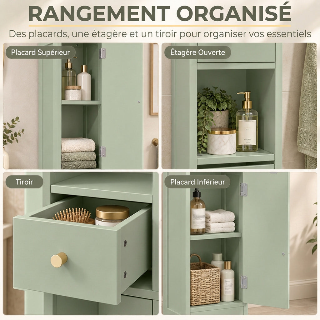 Meuble colonne salle de bain, meuble de rangement, 2 portes, tiroir, compartiment ouvert, étagère réglable, vert-3