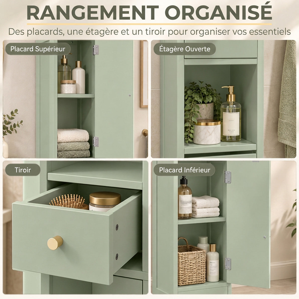 Meuble colonne salle de bain, meuble de rangement, 2 portes, tiroir, compartiment ouvert, étagère réglable, vert-3