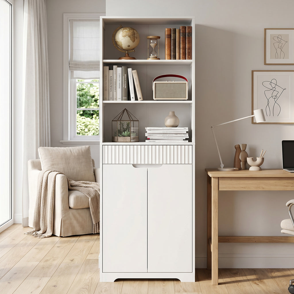 Meuble de salle de bain haut, 2 portes à fermeture douce, tiroir, 3 compartiments ouverts et étagères réglables, blanc-9