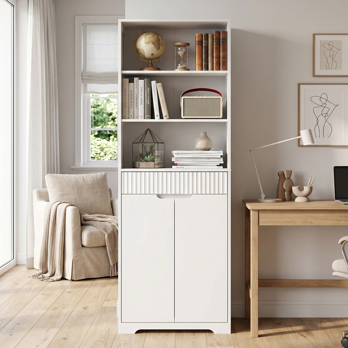 Meuble de salle de bain haut, 2 portes à fermeture douce, tiroir, 3 compartiments ouverts et étagères réglables, blanc-9