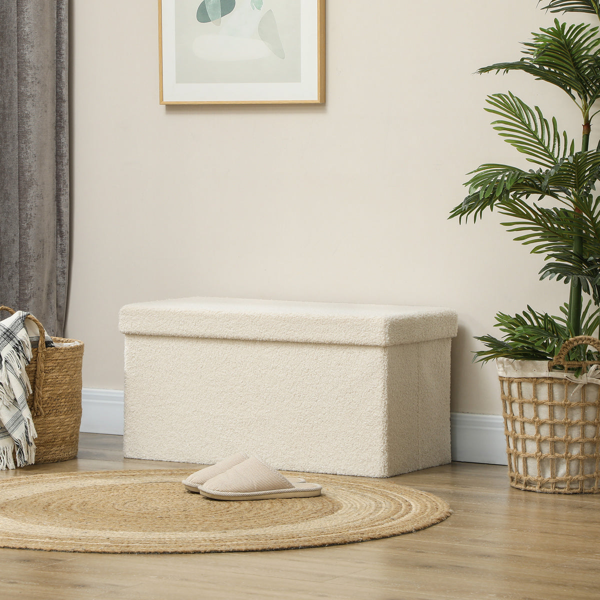 Banc de Rangement 84 L, Pouf Pliable Rembourré en Peluche Teddy, Bout de Lit, Charge 120 kg, 76 x 38 x 38 cm, Crème-1