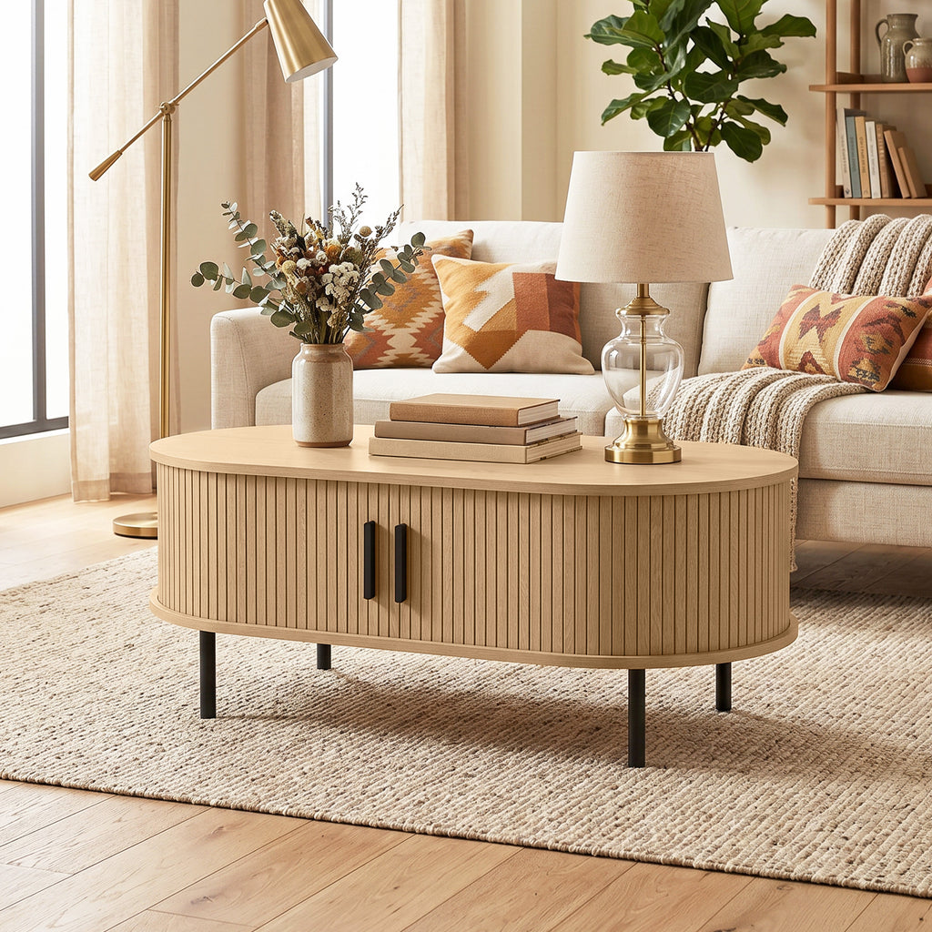 Table basse ovale en bois, table de salon moderne avec portes coulissantes et rangement caché, 100x55x40cm, bois naturel-7