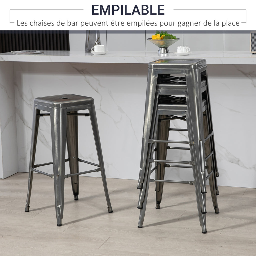 Lot de 4 tabourets de bar industriel empilables hauteur assise 76 cm métal argent-5
