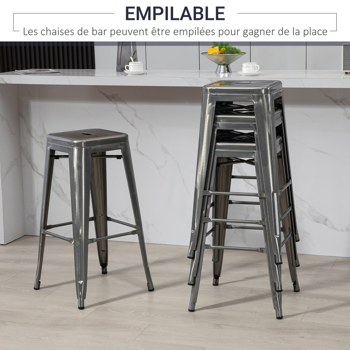 Lot de 4 tabourets de bar industriel empilables hauteur assise 76 cm métal argent-5
