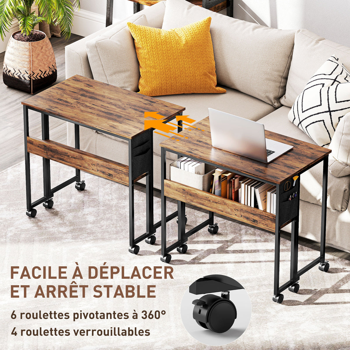 Bureau pliable sur roulettes 80 x 50 cm avec étagère et sac de rangement, brun rustique-5