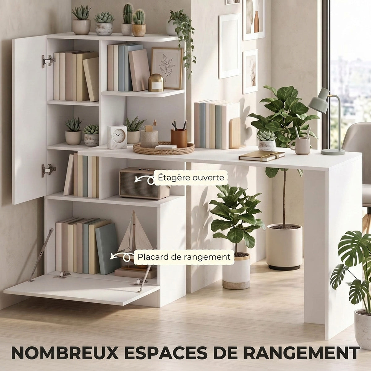 Bureau d'Ordinateur avec Bibliothèque, Bureau Informatique, Placard et Étagères Ouvertes, 150x55x122cm, Blanc-3
