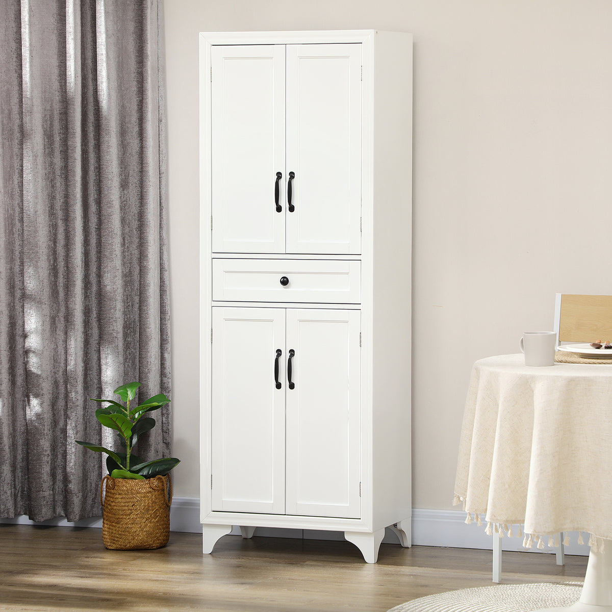 Buffet haut armoire de cuisine 4 portes 2 placards et 1 tiroir central hauteur 170 cm avec étagère réglable blanc-1