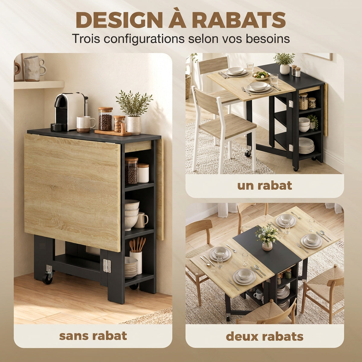 Table à Manger Pliante sur Roulettes, Table de Cuisine pour 2 à 4 Personnes avec Étagères de Rangement, Chêne et Noir-4