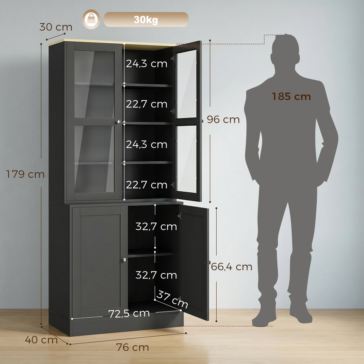 Bibliothèque vitrine, meuble de rangement à 6 niveaux avec 4 portes dont 2 en verre trempé, étagères réglables, noir-2