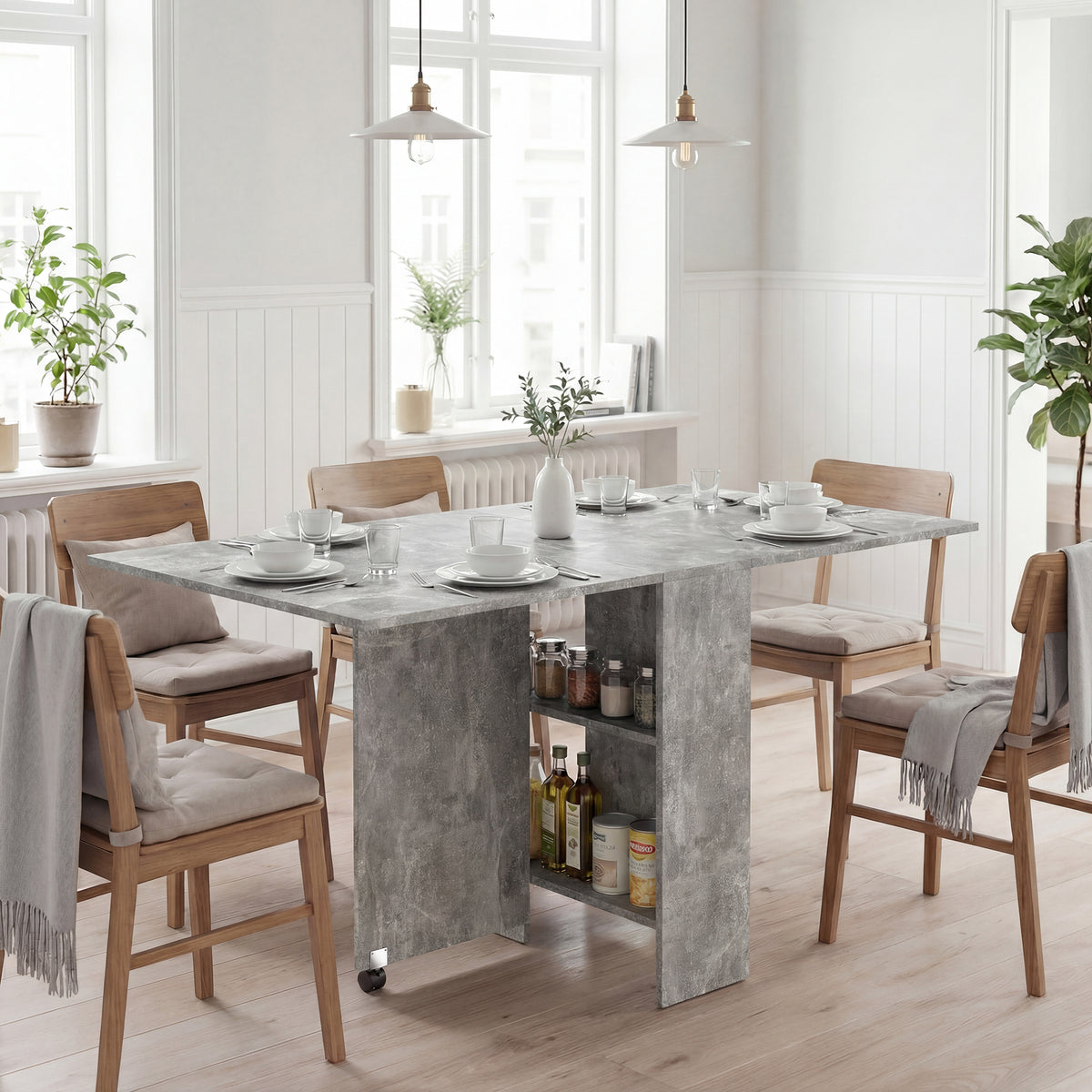 Table pliante de cuisine salle à manger amovible sur roulettes 75L x 140l x 74H cm 2 étagères intégrées en bois-1