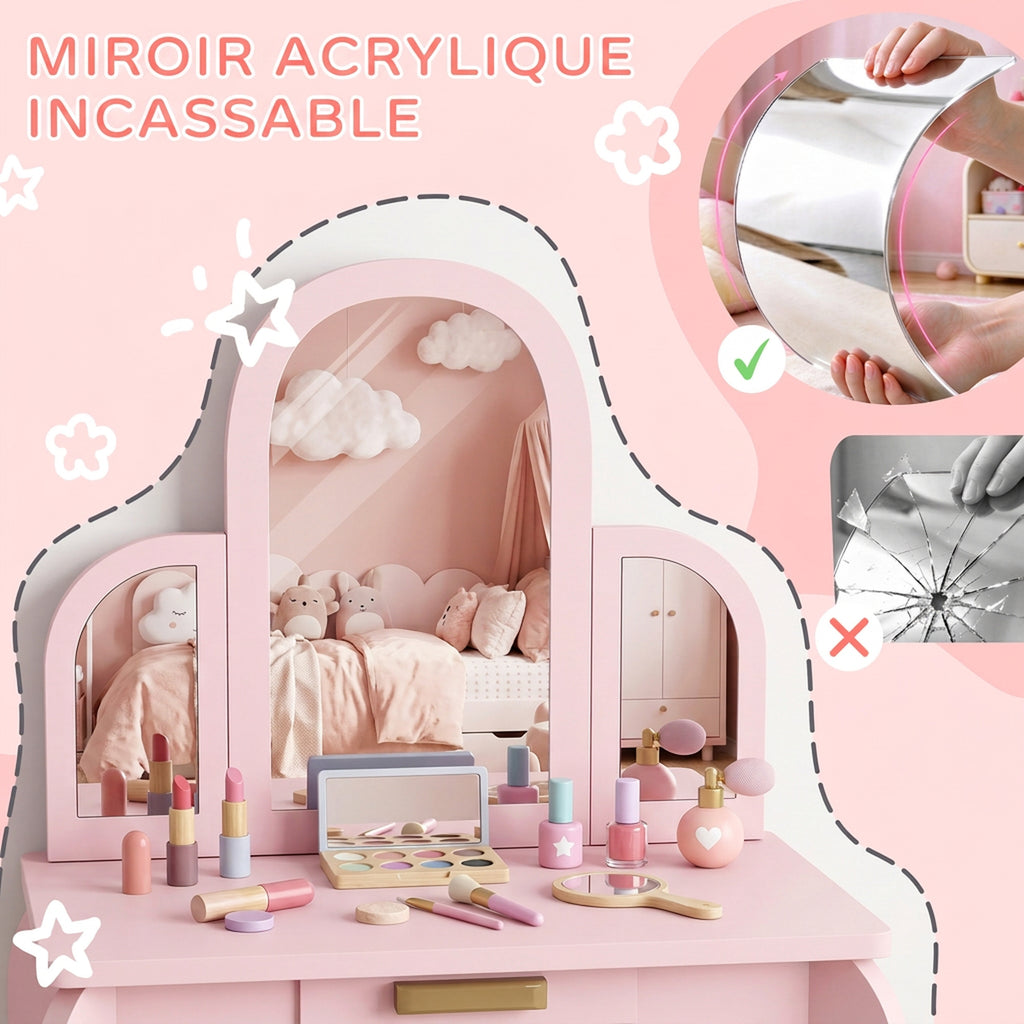 Coiffeuse pour enfant avec tabouret 3 miroirs et tiroir 3 à 6 ans 52 x 32 x 85 cm rose-6