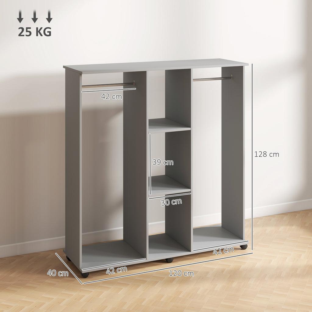 Armoire penderie meuble de rangement mobile 6 roulettes 120 x 40 x 128 cm en bois gris-2
