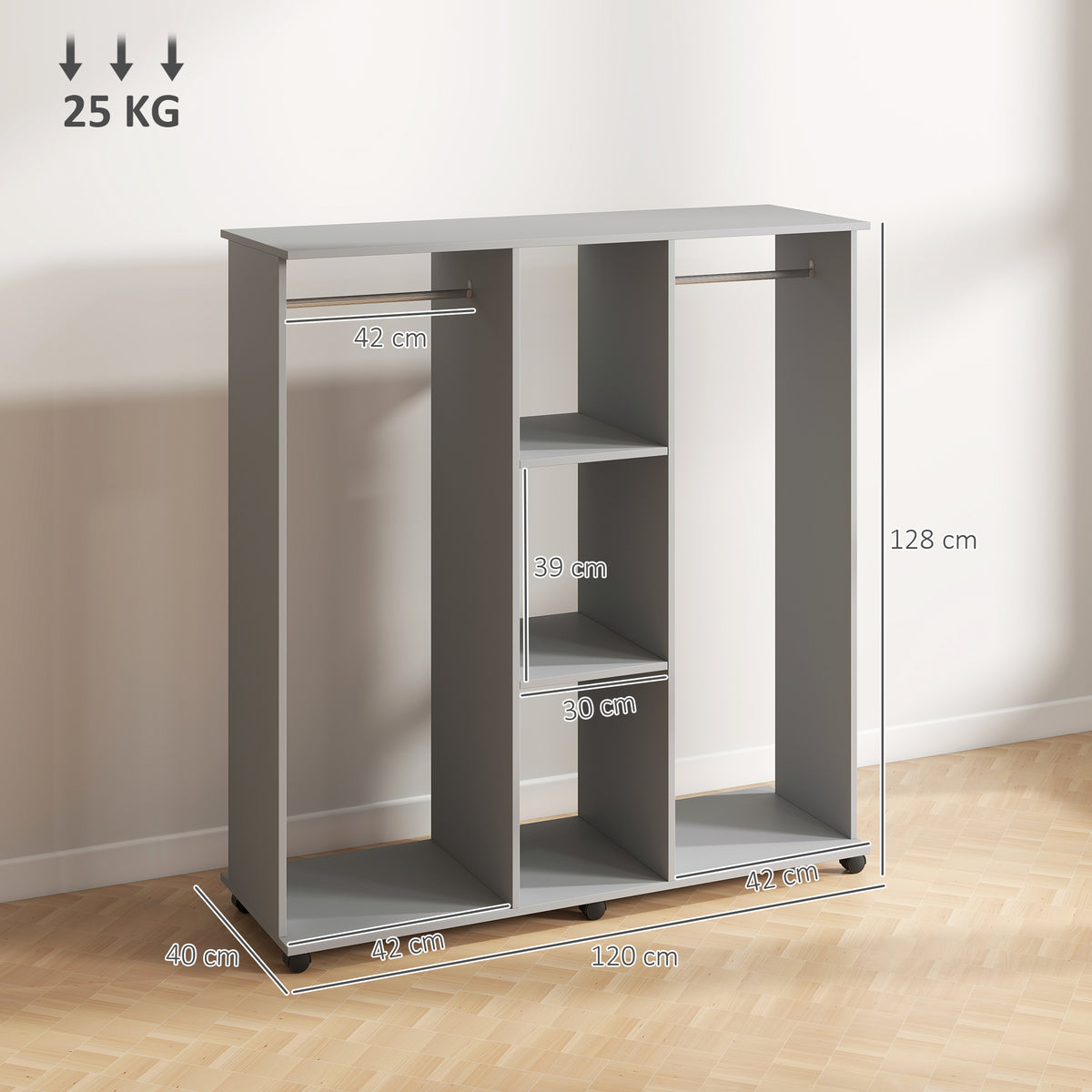 Armoire penderie meuble de rangement mobile 6 roulettes 120 x 40 x 128 cm en bois gris-2