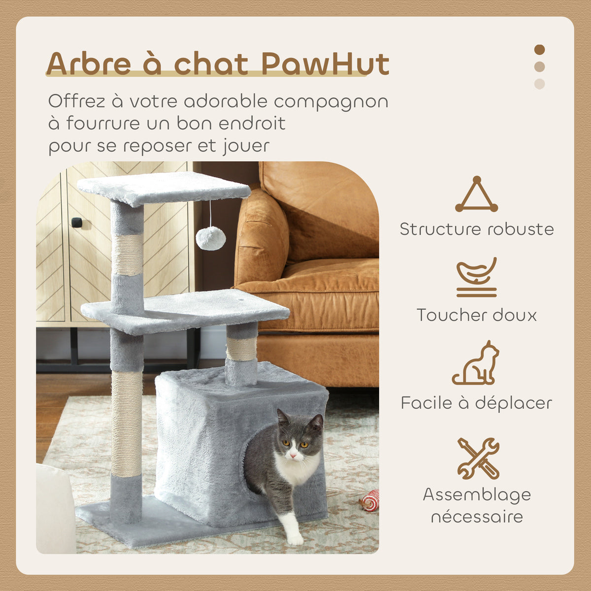Arbre à chat tour de jeux pour chats poteaux en sisal, 2 plate-forme, niche, balle, tissu peluche, 50x30x81,5cm, gris-3