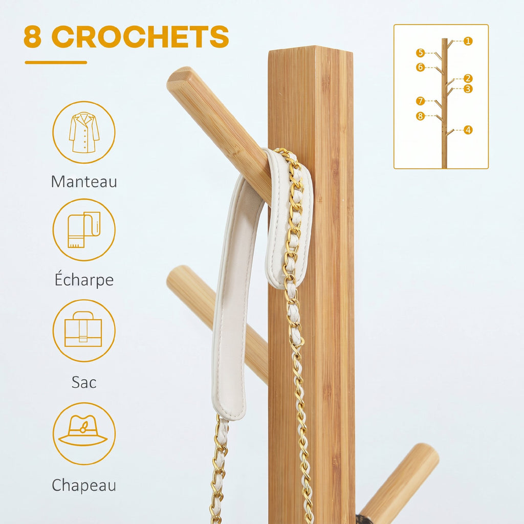 Portemanteau en bambou, portant à vêtements avec 8 patères, pour couloir, chambre, buanderie, bois naturel-3