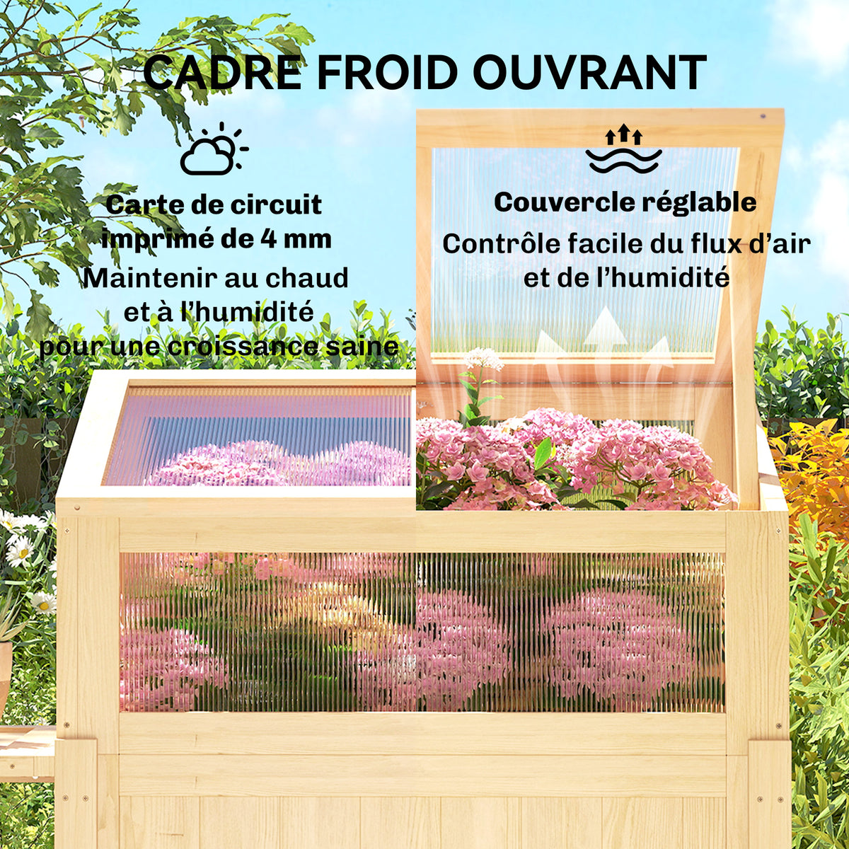 Carré potager sur pieds avec serre, jardinière surélevée, table latérale pliante et étagère, 104x50x120cm, bois naturel-4
