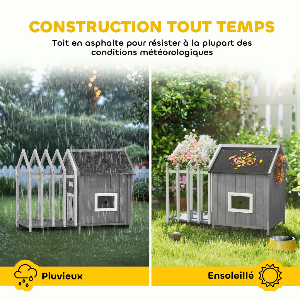 Niche pour chien extérieur en bois maison chien extérieur avec terrasse, porte à lamelles, 106 x 62,5 x 80,5 cm, gris-4