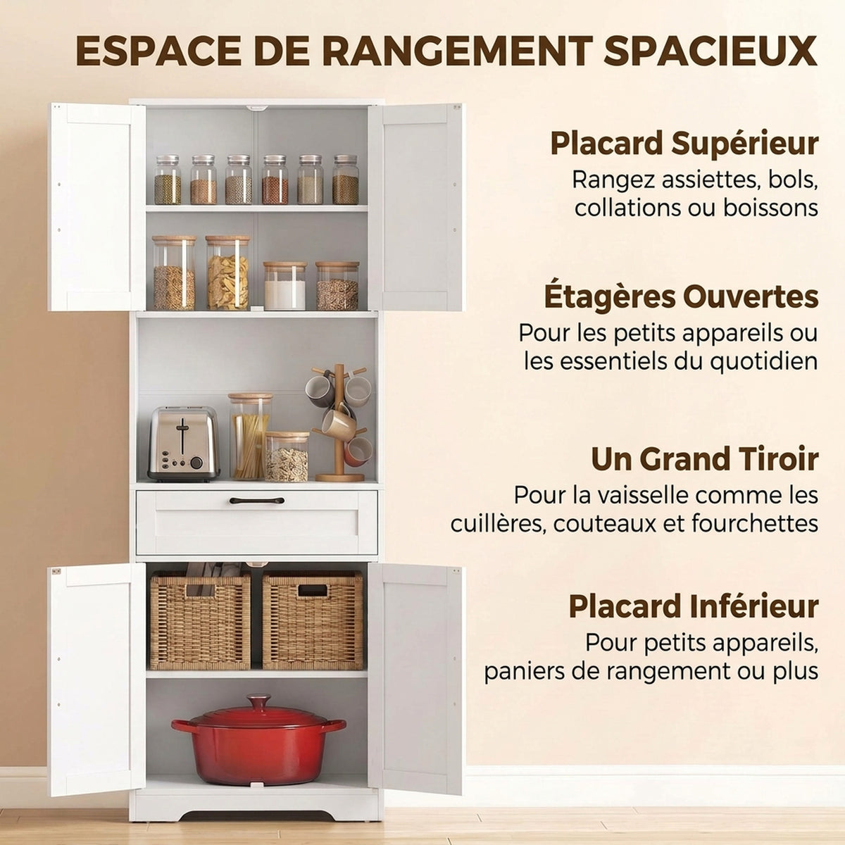 Buffet Haut Cuisine, Armoire Cuisine, 4 Portes à Fermeture Douce, Tiroir, Compartiment Ouvert, Étagères Réglables, Blanc-3